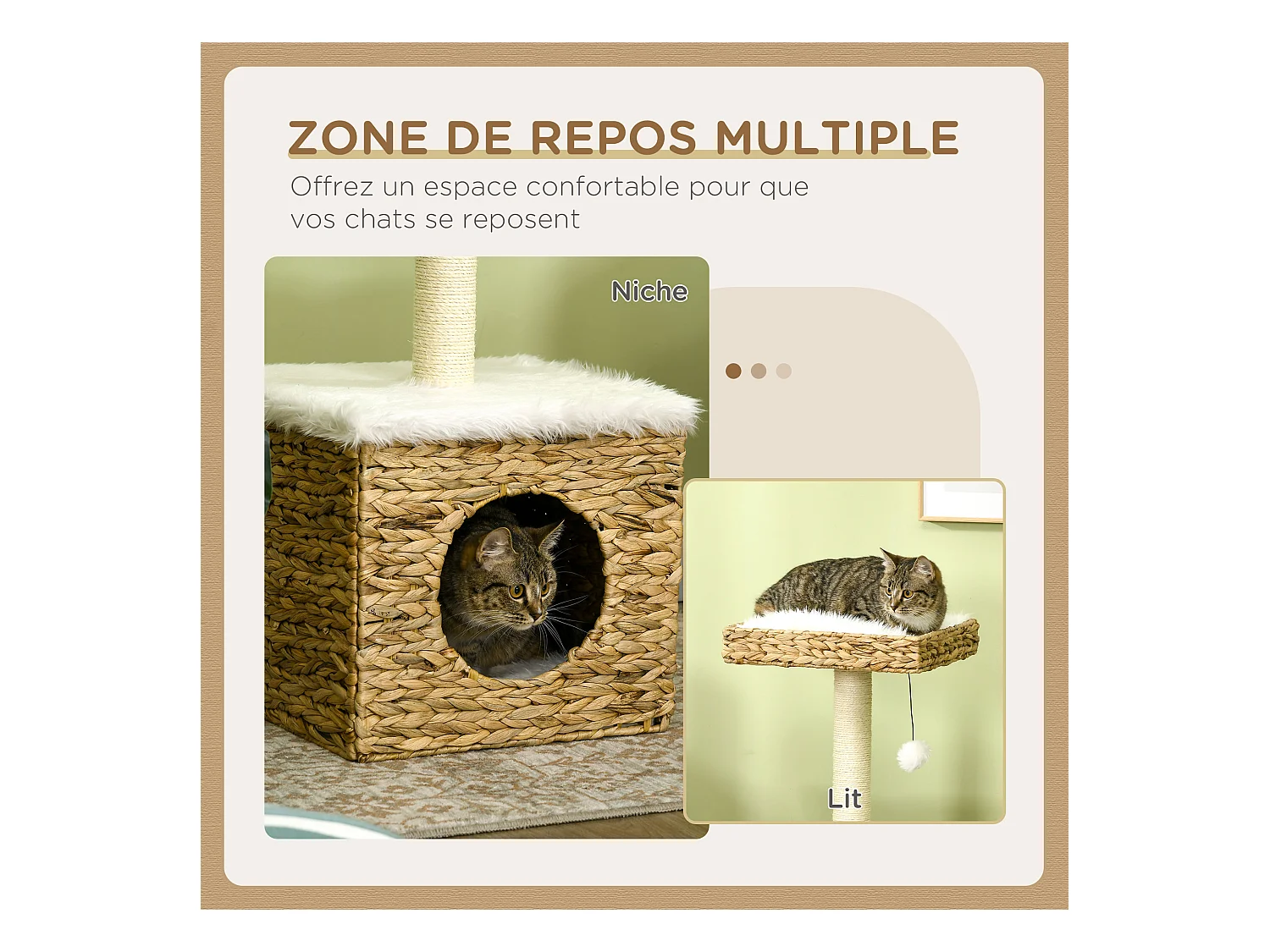 Arbre à chat style cosy chic griffoir sisal niche plateforme d'observation boule jacinthe d'eau peluche aspect fourrure