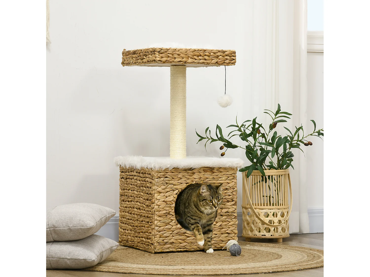Arbre à chat style cosy chic griffoir sisal niche plateforme d'observation boule jacinthe d'eau peluche aspect fourrure