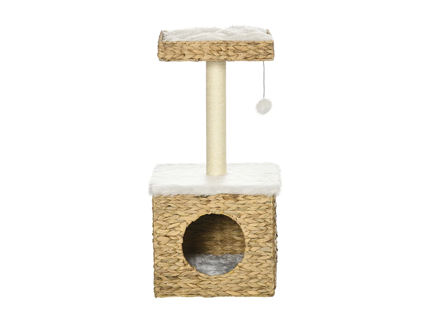 Arbre à chat style cosy chic griffoir sisal niche plateforme d'observation boule jacinthe d'eau peluche aspect fourrure