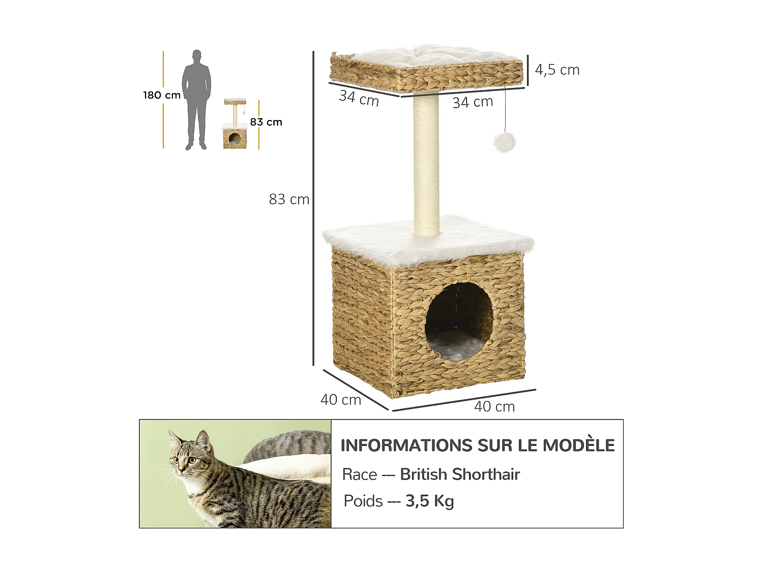 Arbre à chat style cosy chic griffoir sisal niche plateforme d'observation boule jacinthe d'eau peluche aspect fourrure