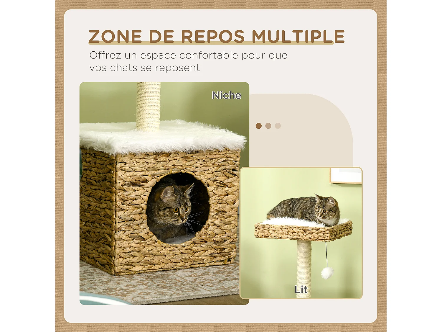 Arbre à chat style cosy chic griffoir sisal niche plateforme d'observation boule jacinthe d'eau peluche aspect fourrure