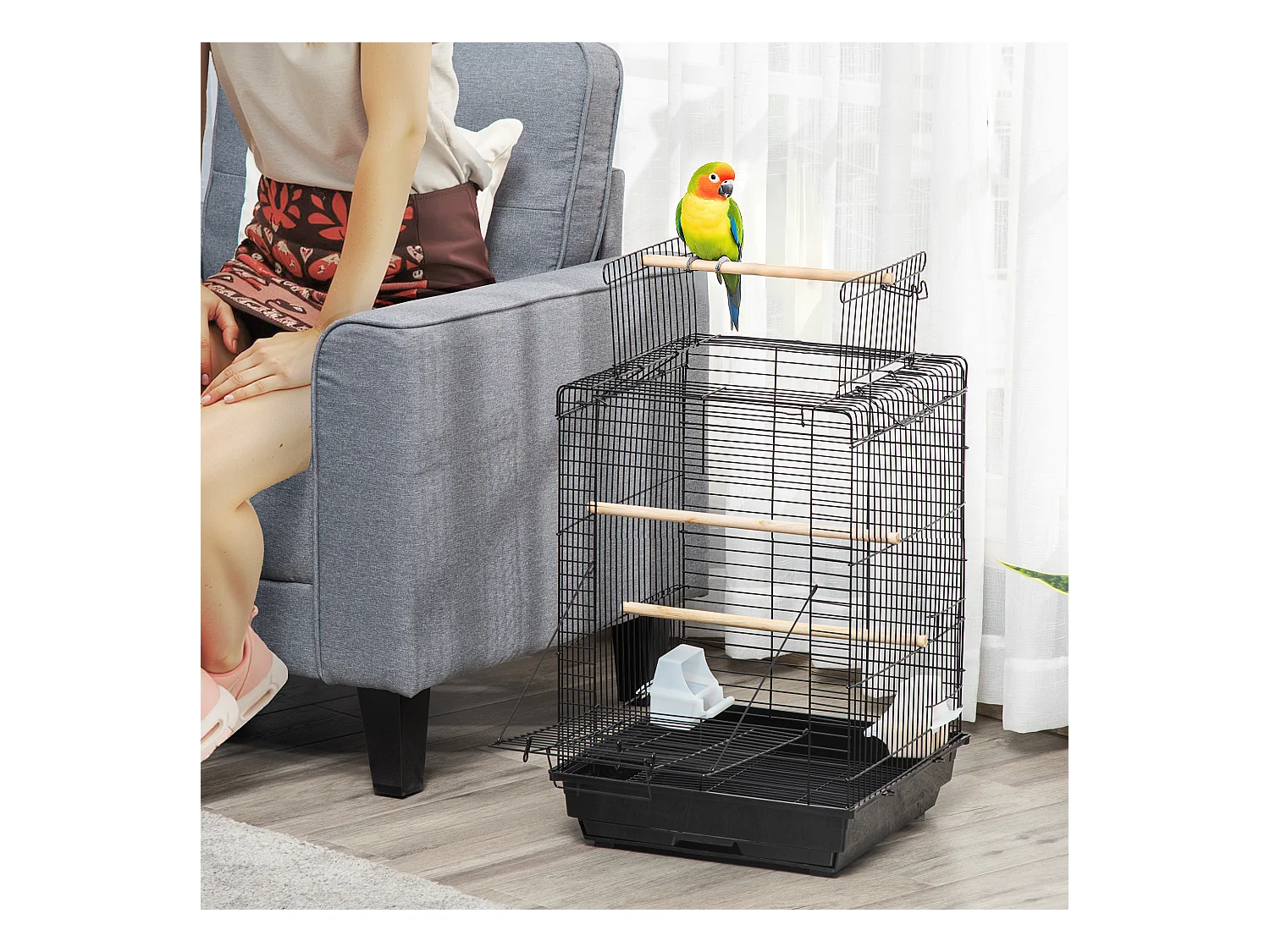 Cage à oiseaux 2 mangeoires 2 perchoirs toit ouvrant plateau excrément amovible poignée transport métal PS noir