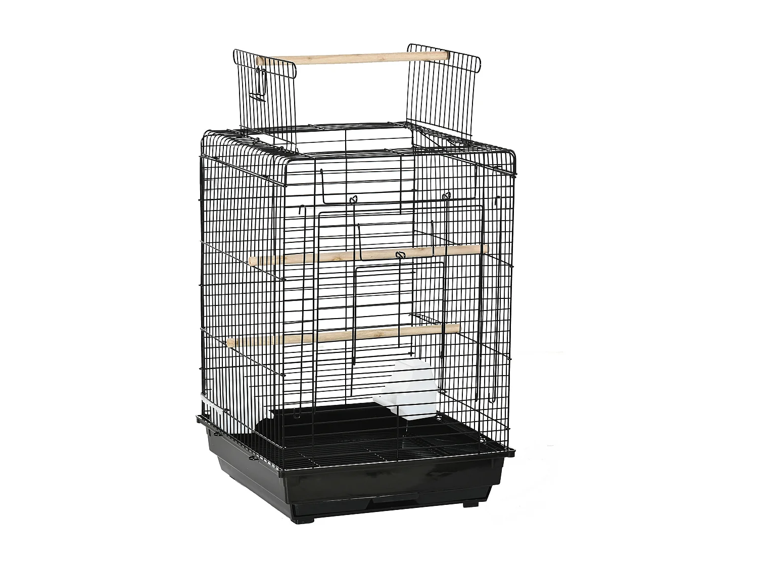 Cage à oiseaux 2 mangeoires 2 perchoirs toit ouvrant plateau excrément amovible poignée transport métal PS noir