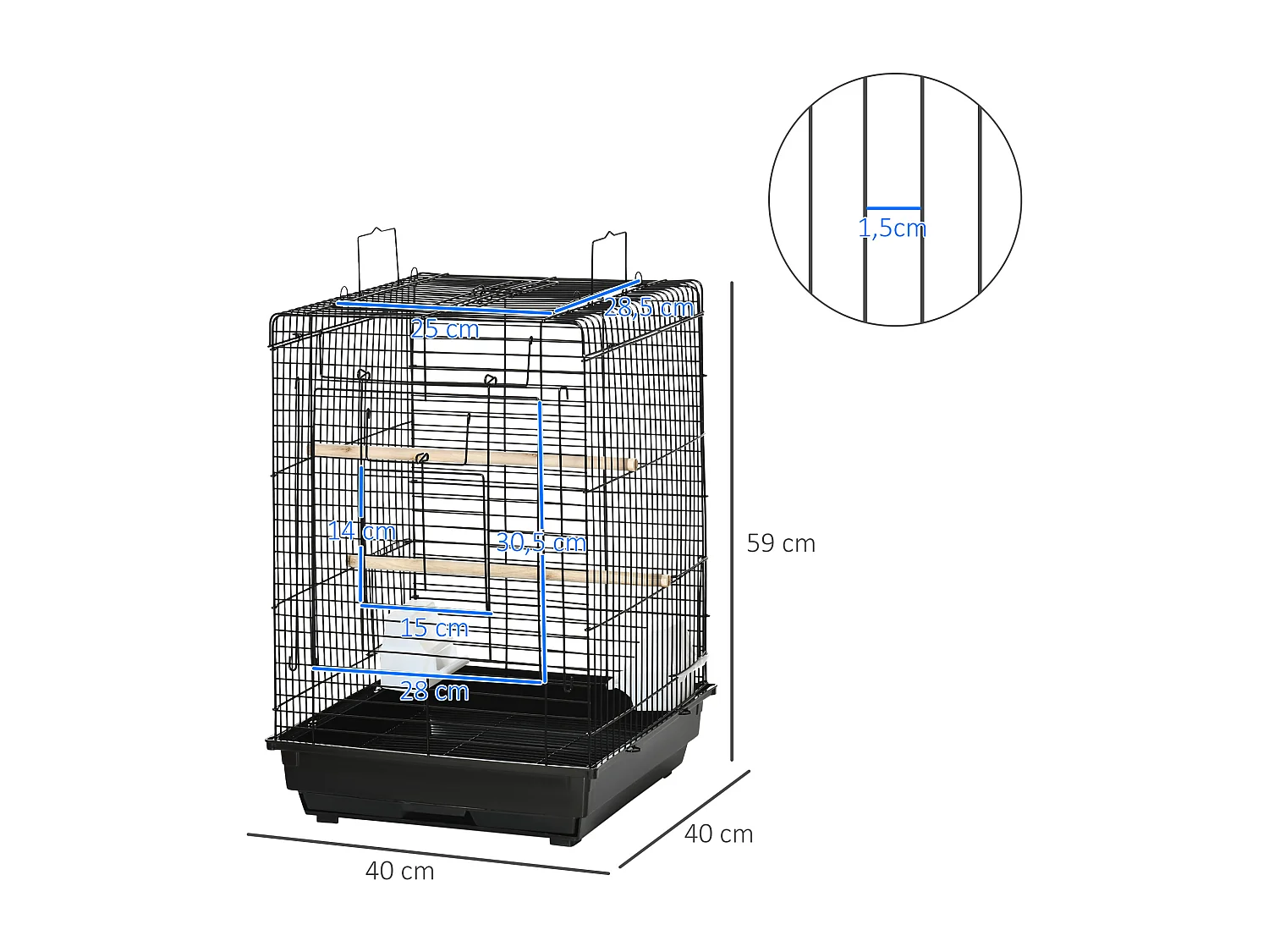 Cage à oiseaux 2 mangeoires 2 perchoirs toit ouvrant plateau excrément amovible poignée transport métal PS noir