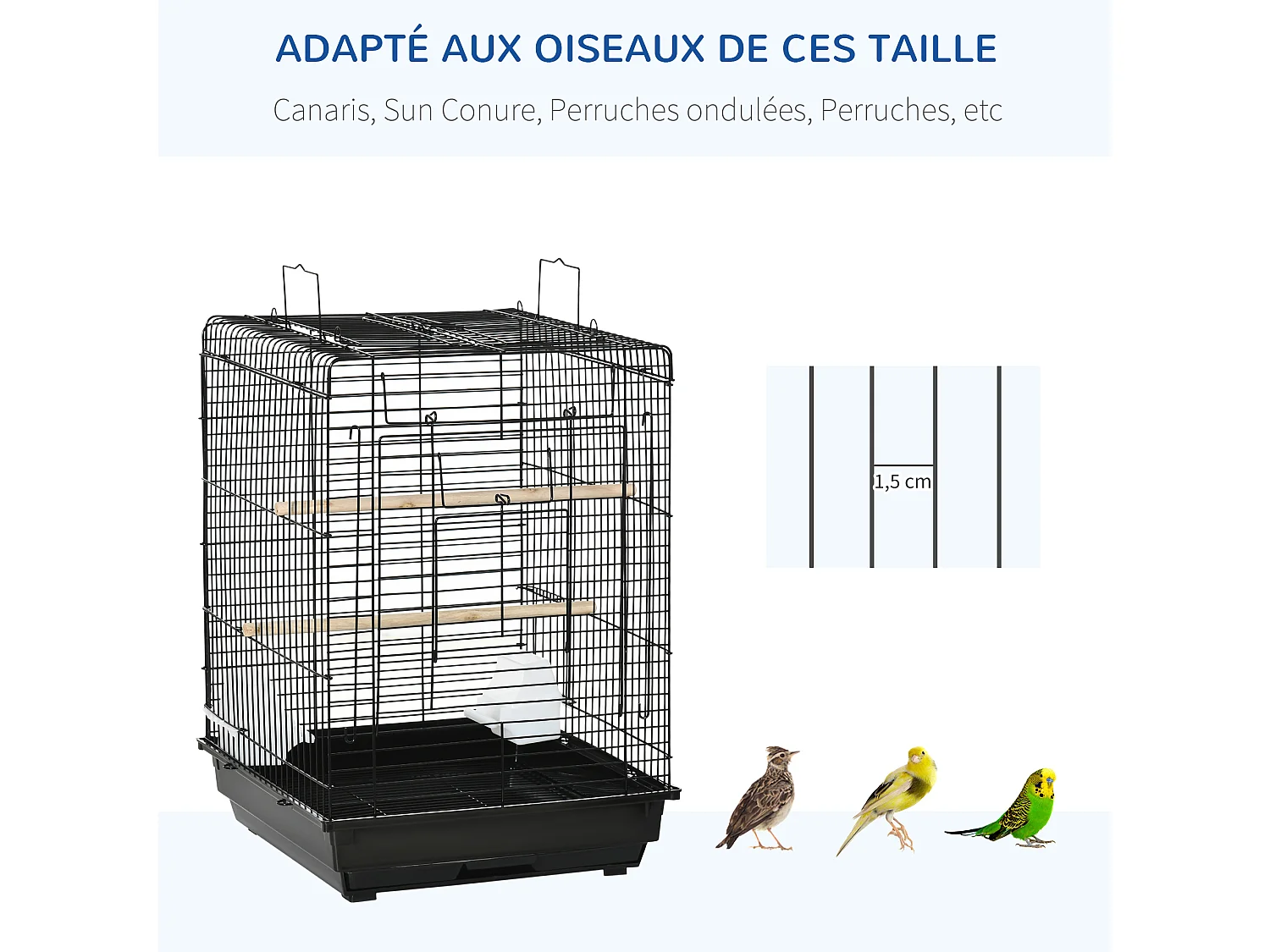 Cage à oiseaux 2 mangeoires 2 perchoirs toit ouvrant plateau excrément amovible poignée transport métal PS noir