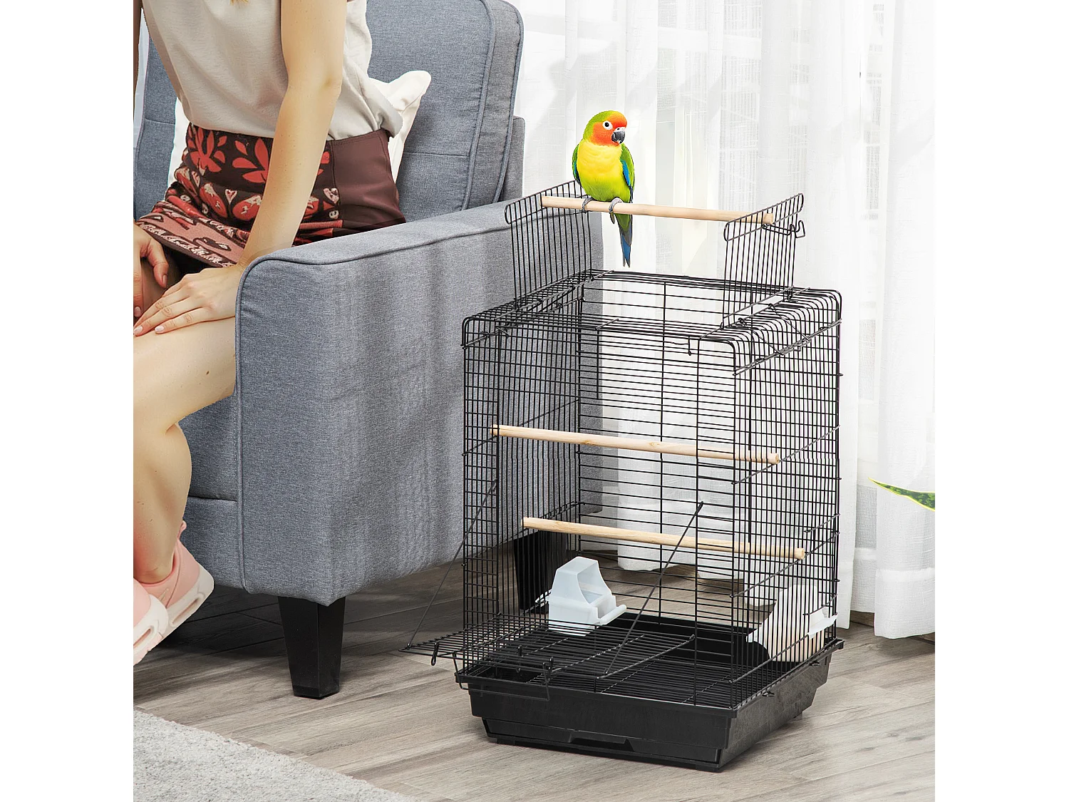 Cage à oiseaux 2 mangeoires 2 perchoirs toit ouvrant plateau excrément amovible poignée transport métal PS noir