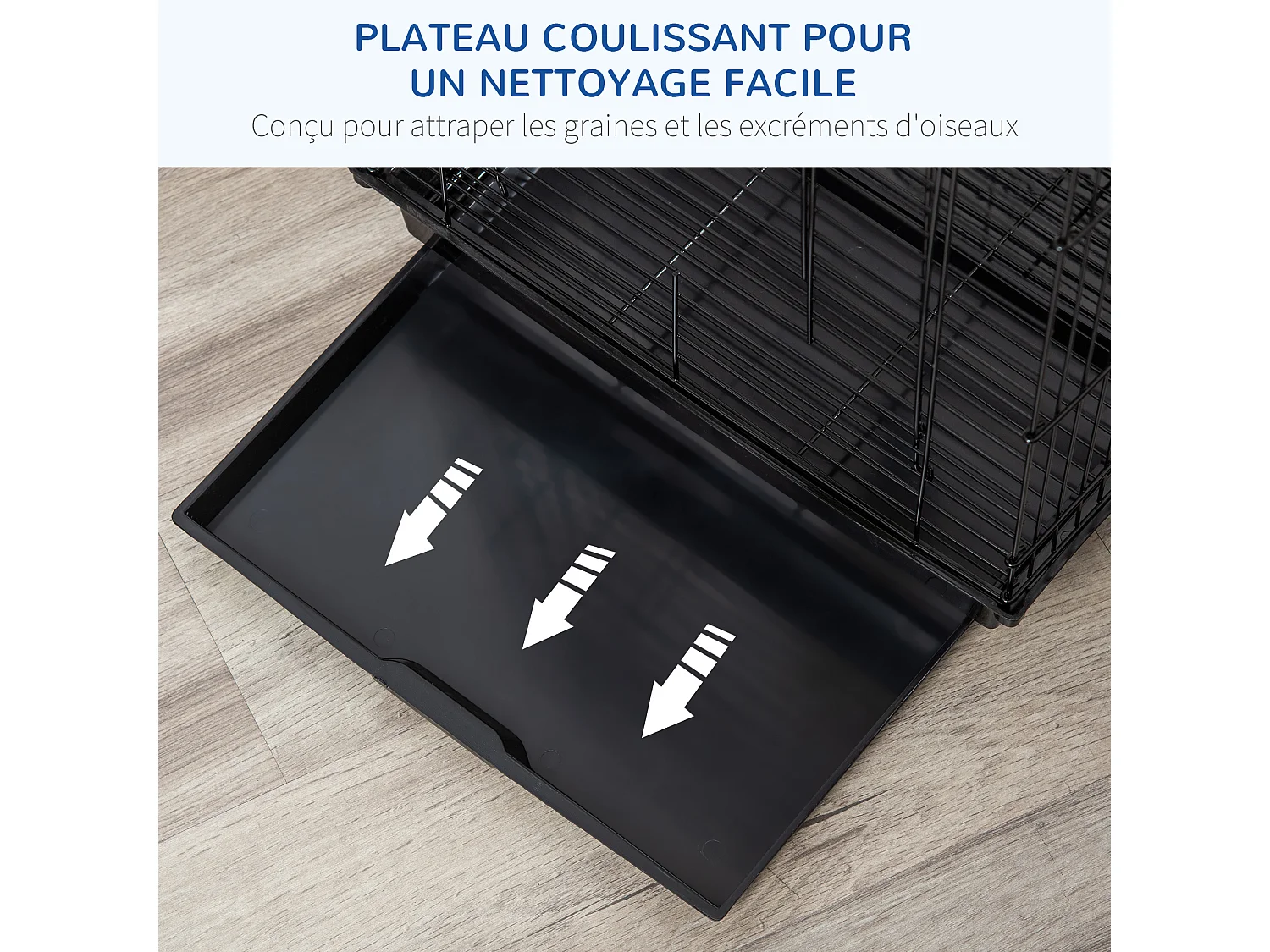 Cage à oiseaux 2 mangeoires 2 perchoirs toit ouvrant plateau excrément amovible poignée transport métal PS noir