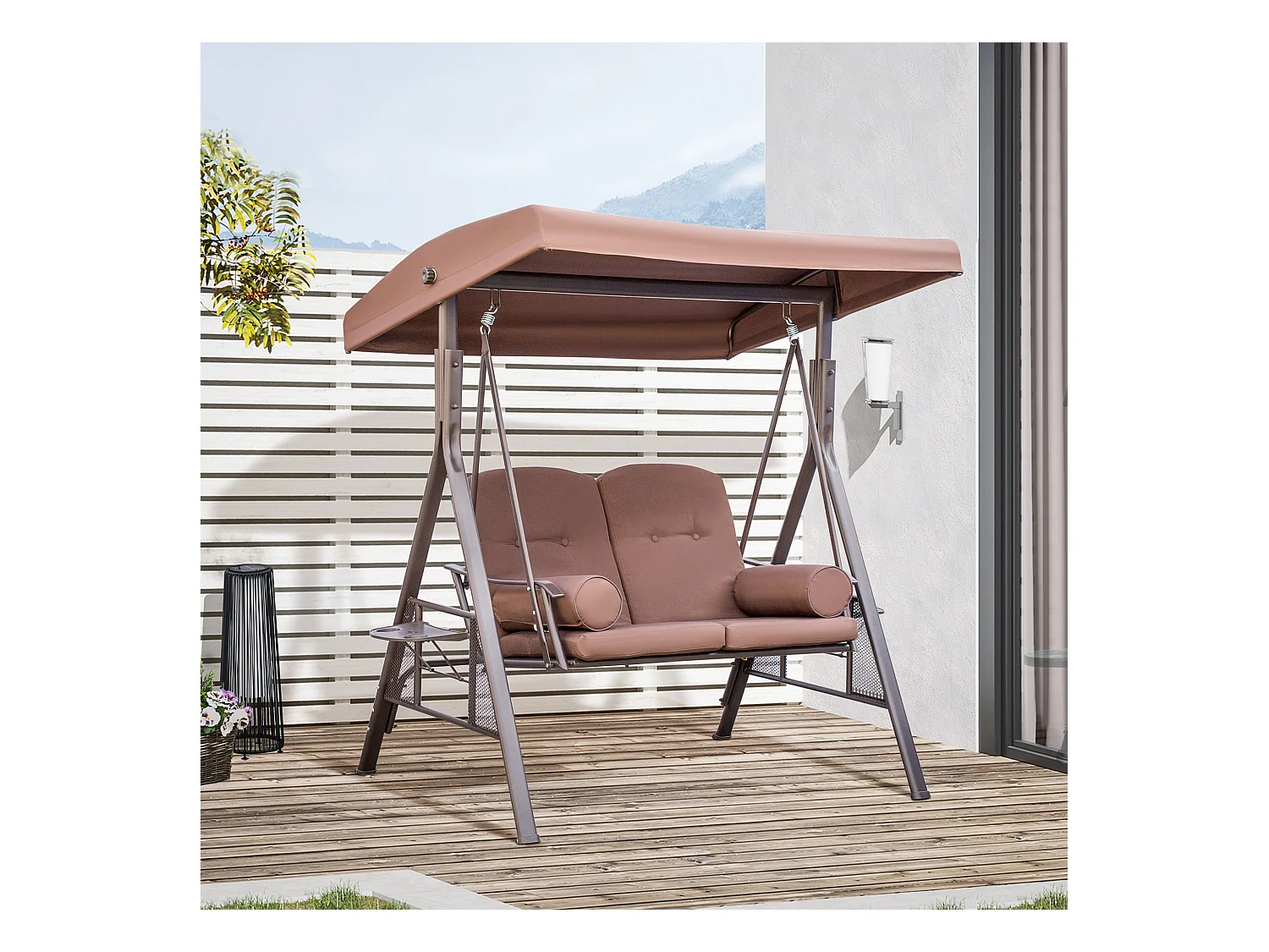 Balancelle de jardin 2 places grand confort coussins fournis accoudoirs tablettes pare-soleil marron