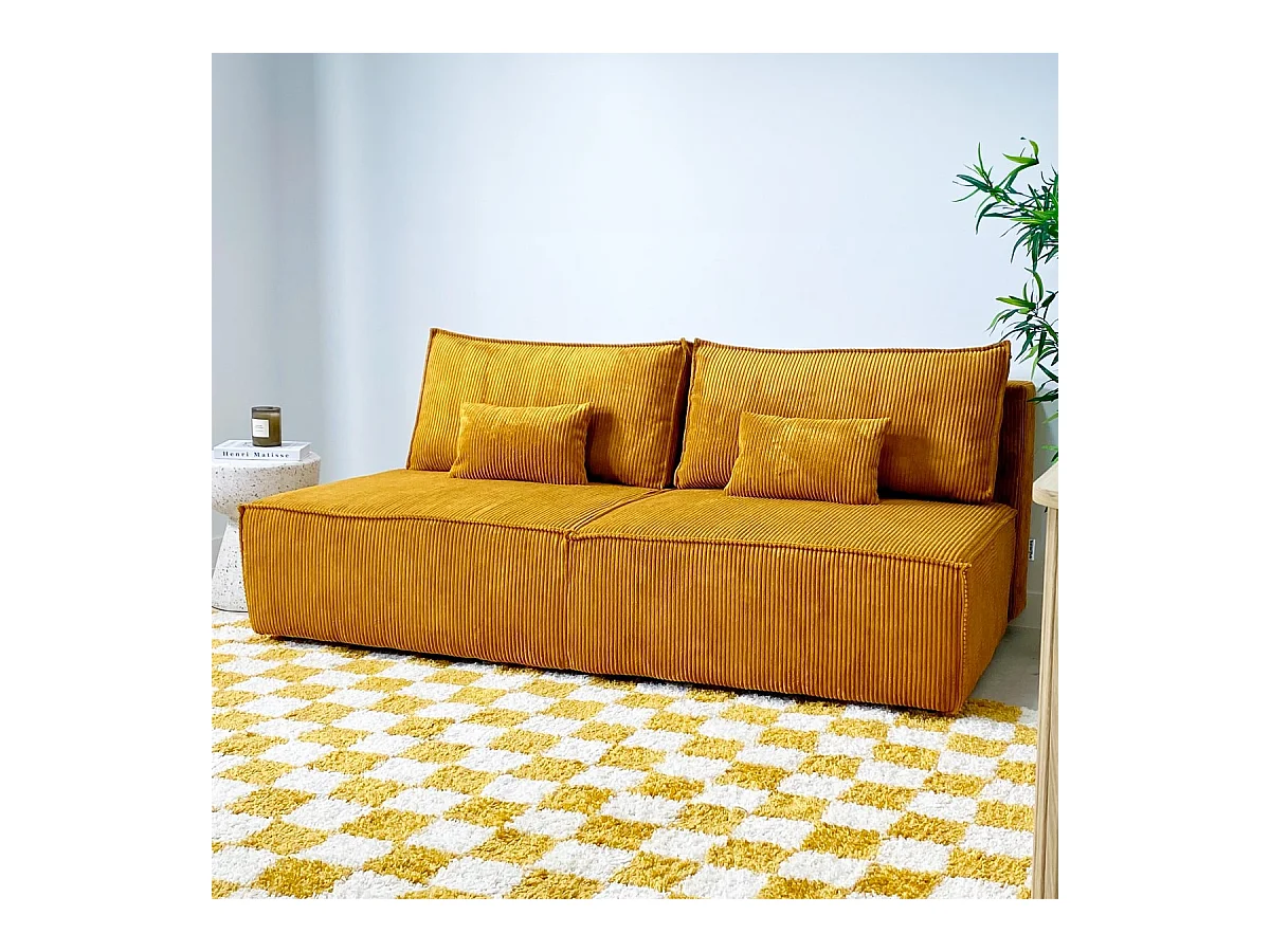 Canapé convertible 3 places avec coffre de rangement en velours côtelé jaune moutarde - Milla