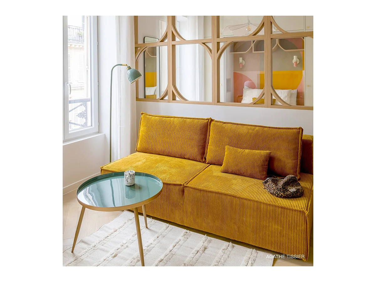 Canapé convertible 3 places avec coffre de rangement en velours côtelé jaune moutarde - Milla