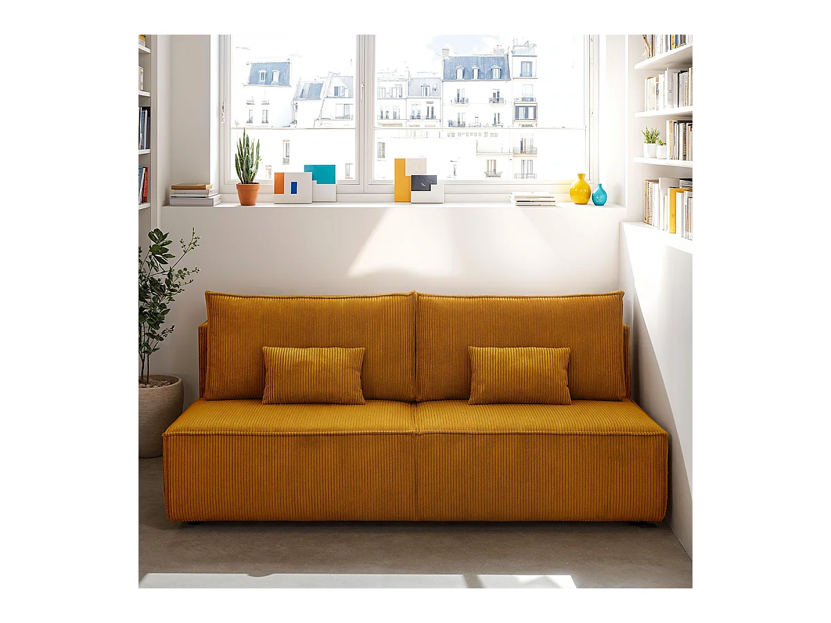 Canapé convertible 3 places avec coffre de rangement en velours côtelé jaune moutarde - Milla