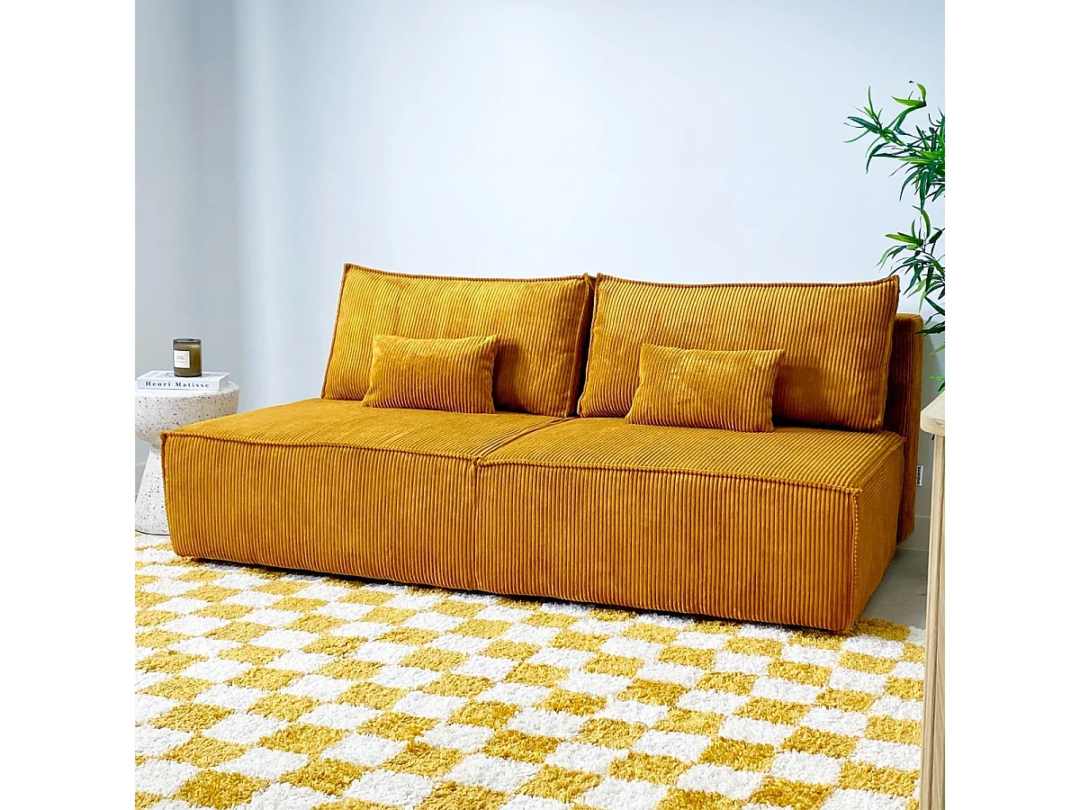 Canapé convertible 3 places avec coffre de rangement en velours côtelé jaune moutarde - Milla
