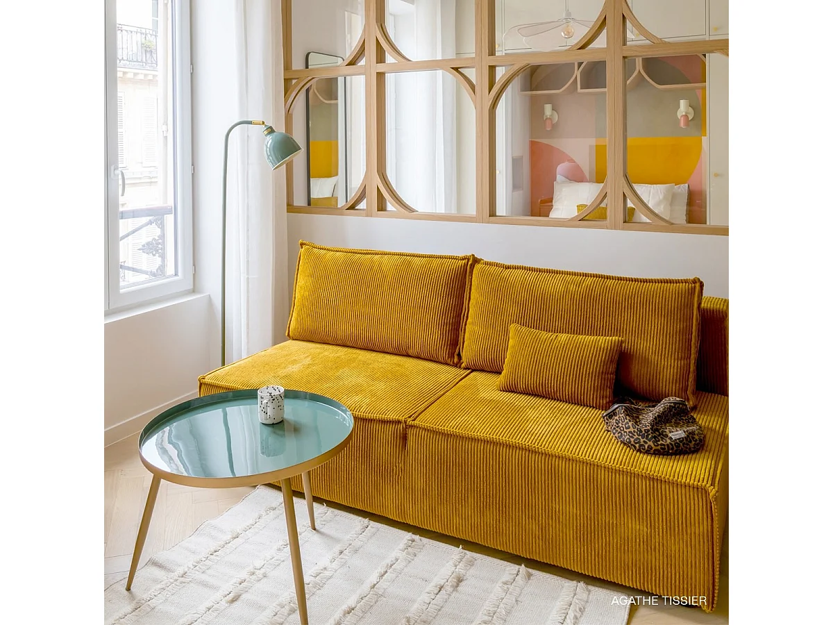 Canapé convertible 3 places avec coffre de rangement en velours côtelé jaune moutarde - Milla