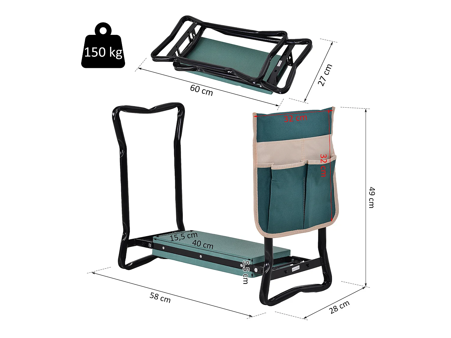 Tabouret de jardin pliable agenouilloir de jardin siège jardinage avec coussin pochette rangement outils vert