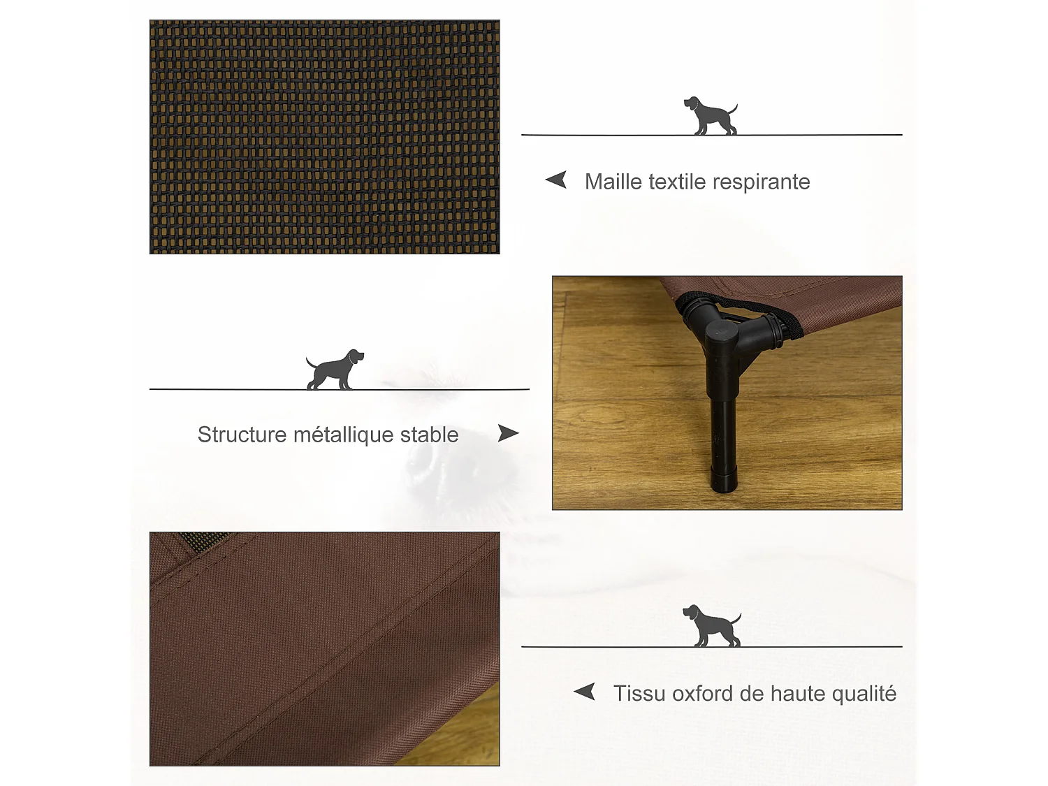 Lit sur pieds pour chien chat lit de camp animal lit surélevé Oxford textilène micro-perforé dim. 92L x 76l x 18H cm marron