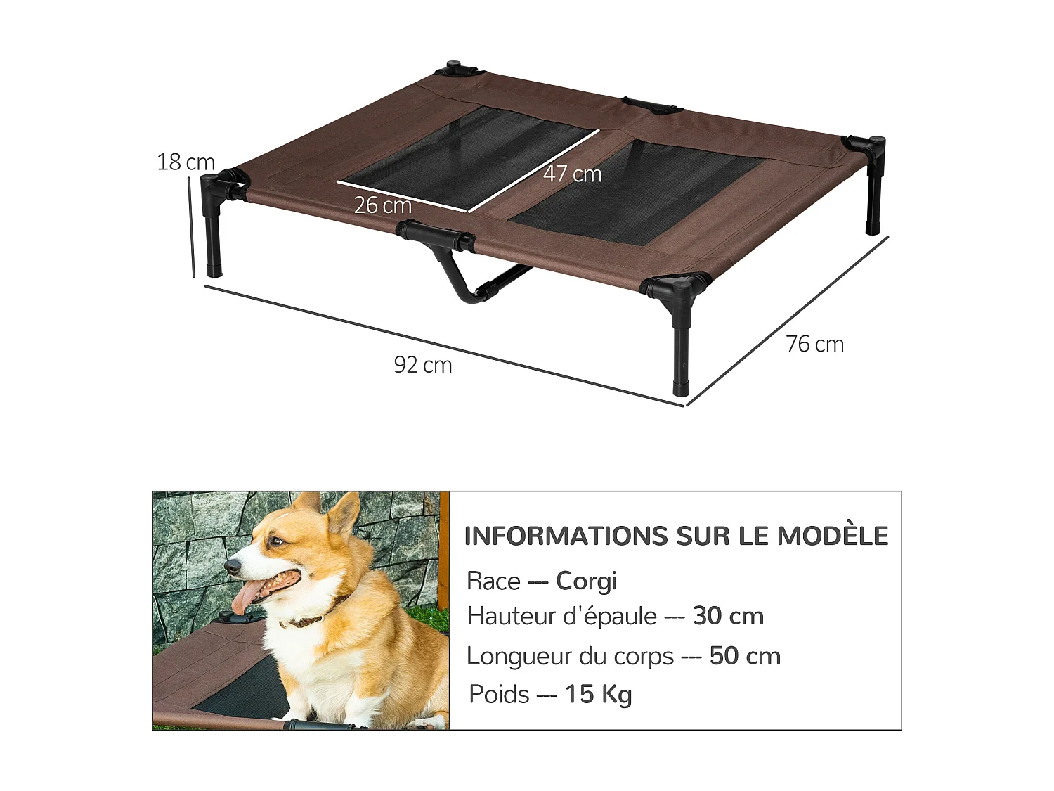 Lit sur pieds pour chien chat lit de camp animal lit surélevé Oxford textilène micro-perforé dim. 92L x 76l x 18H cm marron