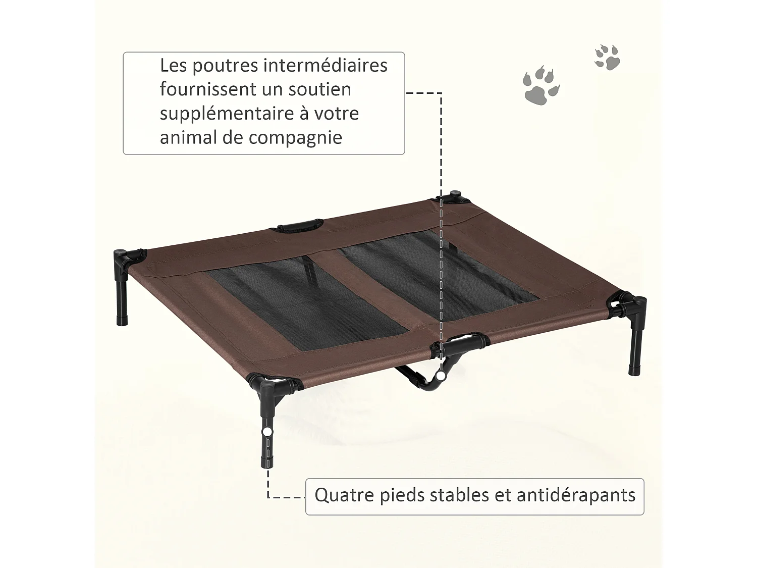 Lit sur pieds pour chien chat lit de camp animal lit surélevé Oxford textilène micro-perforé dim. 92L x 76l x 18H cm marron