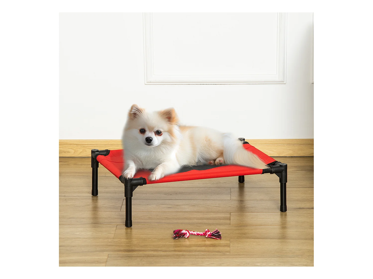 Lit surélevé pour chien chat dim. 61L x 46l x 18H cm avec sac métal époxy tissu oxford textilène micro-perforé rouge noir