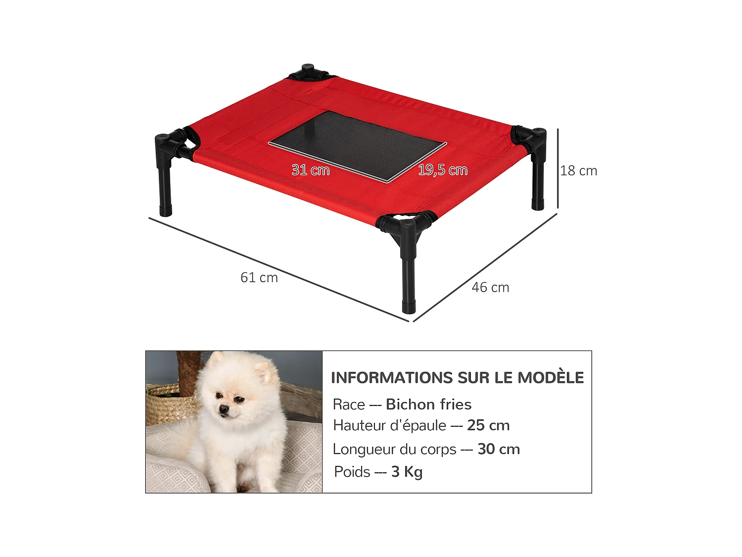 Lit surélevé pour chien chat dim. 61L x 46l x 18H cm avec sac métal époxy tissu oxford textilène micro-perforé rouge noir