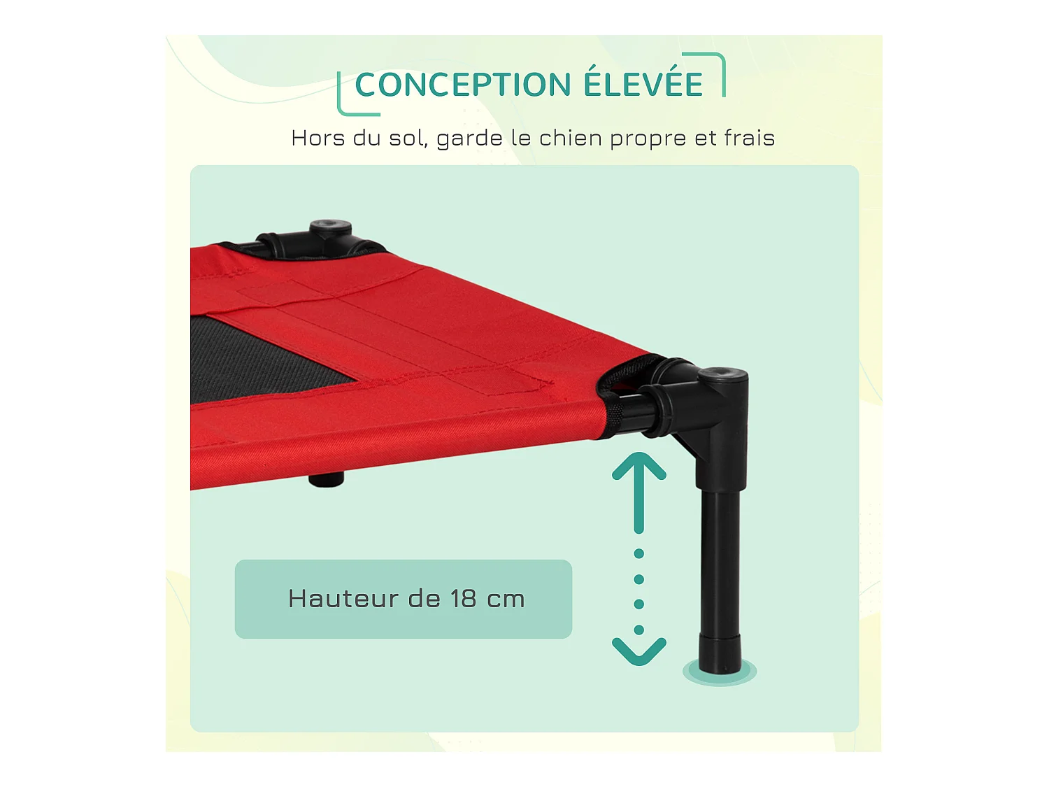 Lit surélevé pour chien chat dim. 61L x 46l x 18H cm avec sac métal époxy tissu oxford textilène micro-perforé rouge noir