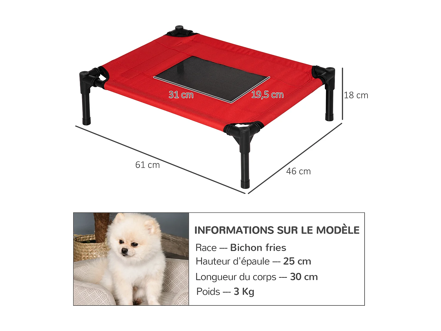 Lit surélevé pour chien chat dim. 61L x 46l x 18H cm avec sac métal époxy tissu oxford textilène micro-perforé rouge noir