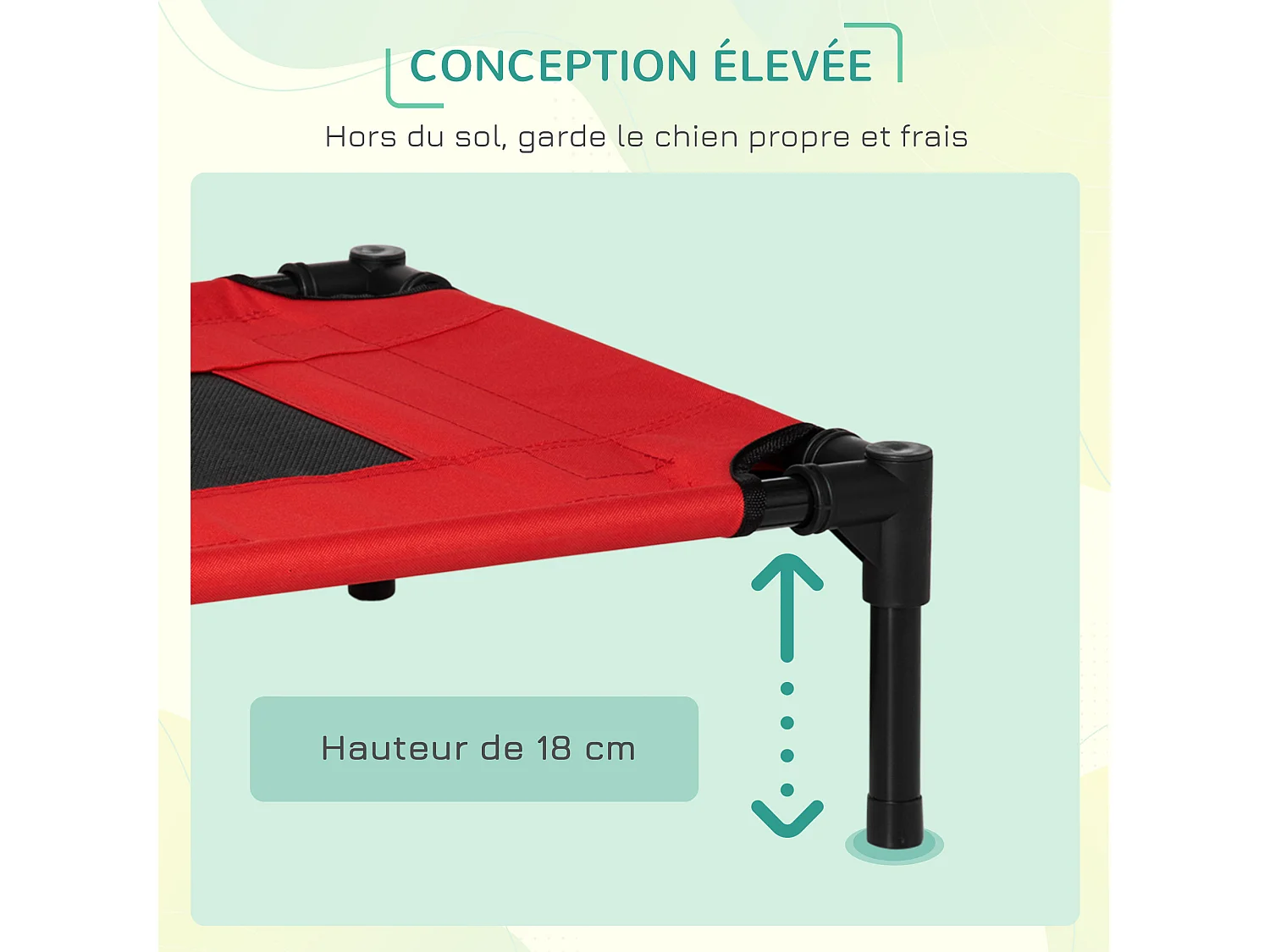 Lit surélevé pour chien chat dim. 61L x 46l x 18H cm avec sac métal époxy tissu oxford textilène micro-perforé rouge noir