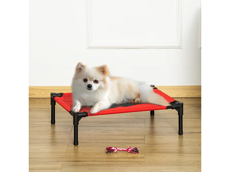 Lit surélevé pour chien chat dim. 61L x 46l x 18H cm avec sac métal époxy tissu oxford textilène micro-perforé rouge noir