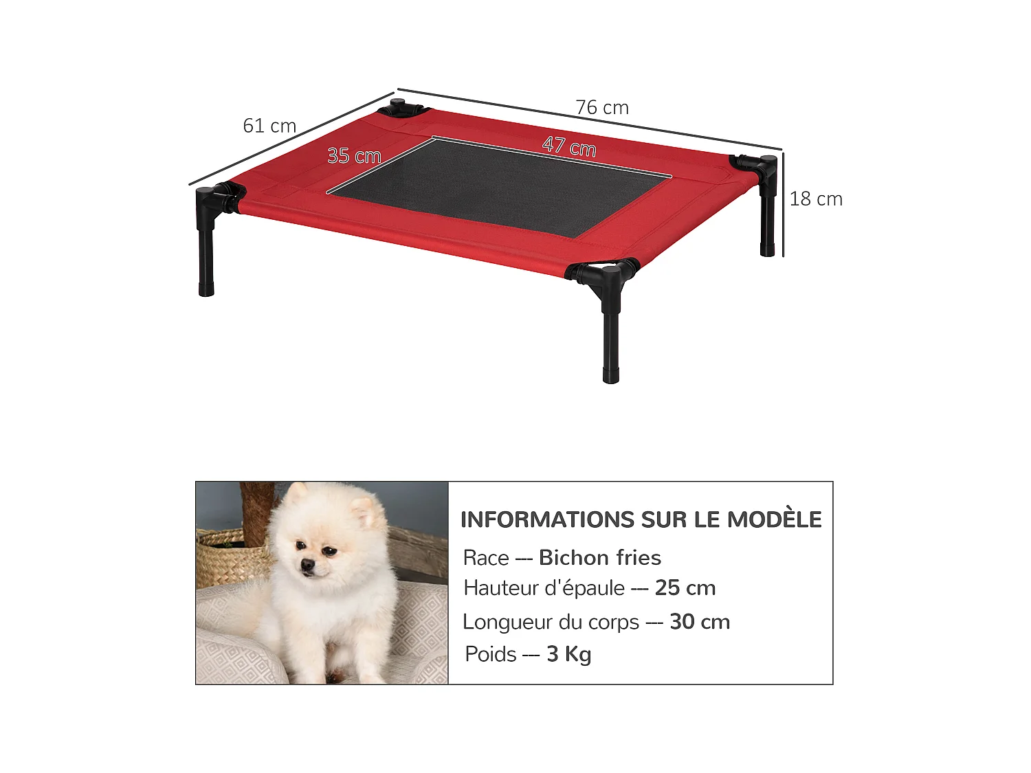 Lit surélevé pour chien chat dim. 76L x 61l x 18H cm avec sac métal époxy tissu oxford textilène micro-perforé rouge noir