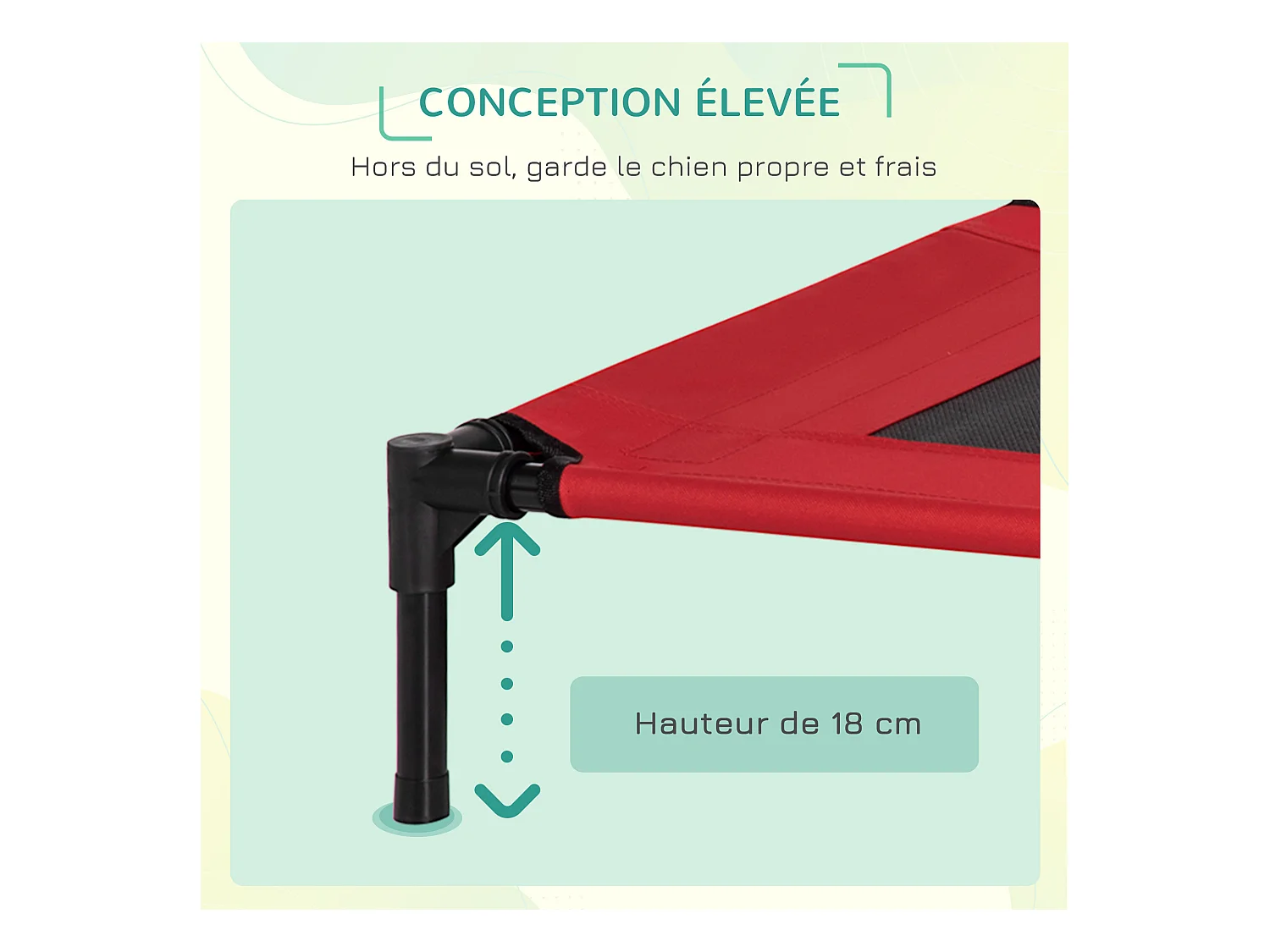 Lit surélevé pour chien chat dim. 76L x 61l x 18H cm avec sac métal époxy tissu oxford textilène micro-perforé rouge noir