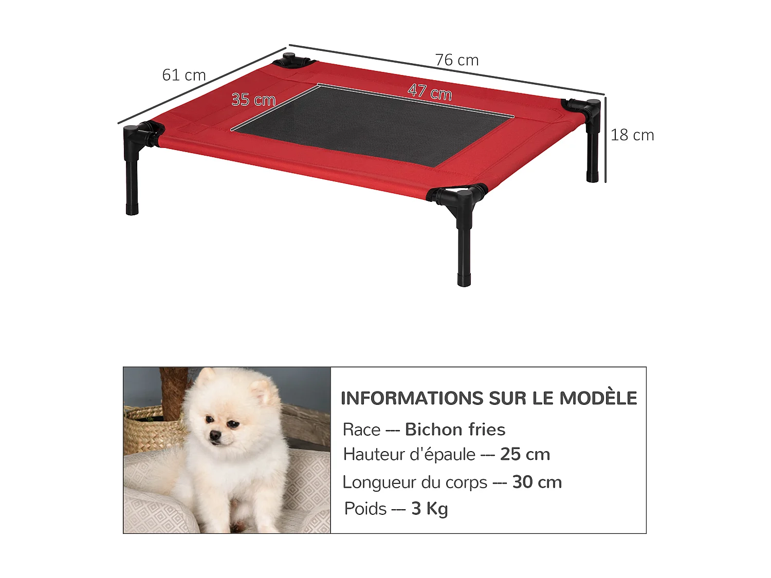 Lit surélevé pour chien chat dim. 76L x 61l x 18H cm avec sac métal époxy tissu oxford textilène micro-perforé rouge noir