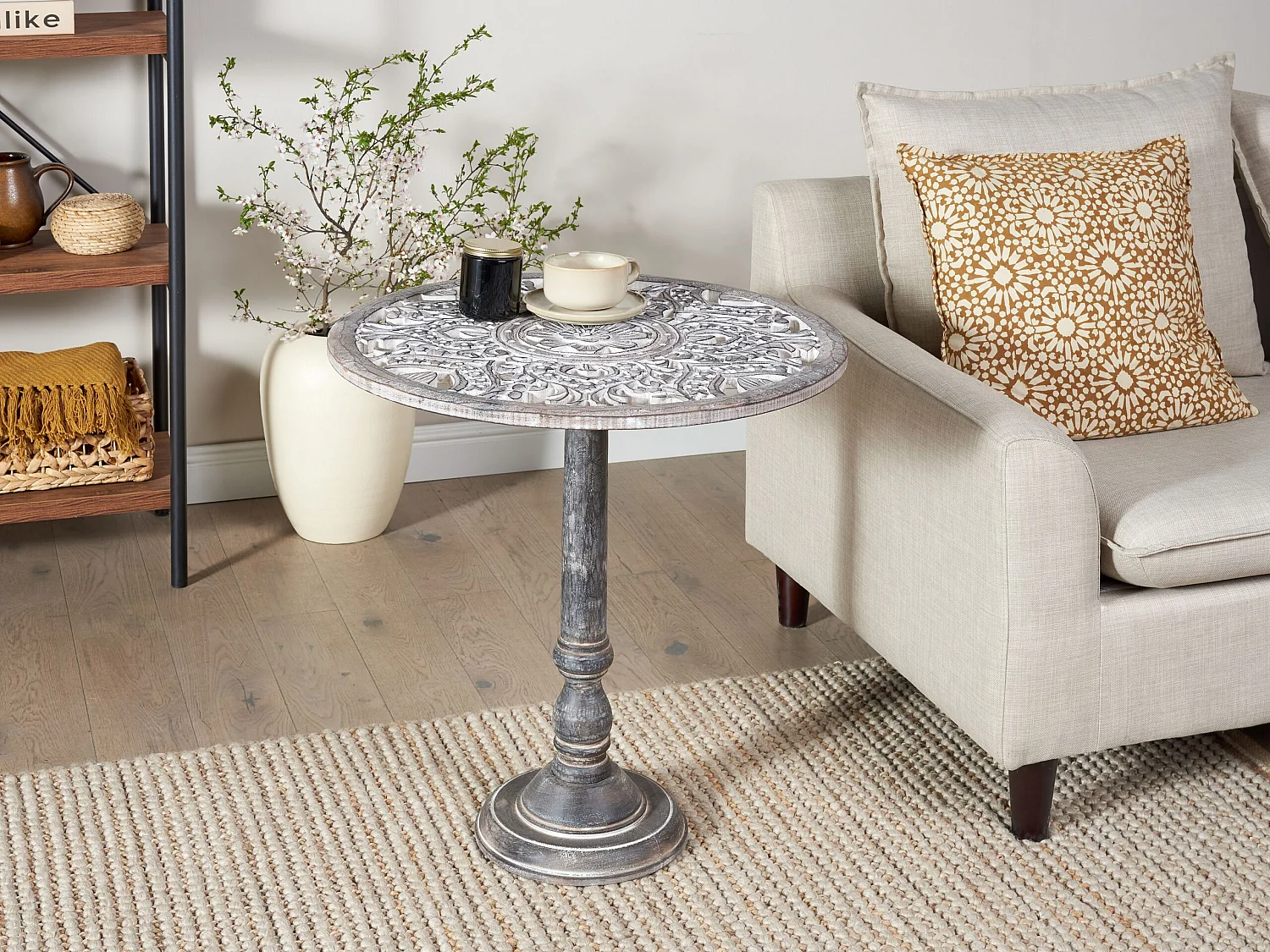 Beistelltisch grau / gold rund ⌀ 61 cm mit Säulenfuß Antik Optik Klassich Napara