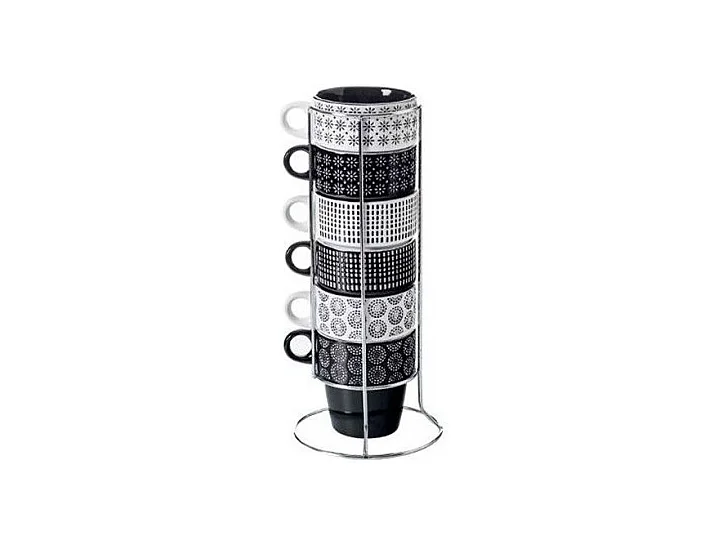 Lot de 6 Mugs sur Rack "Ethnik" 26cl Noir & Blanc