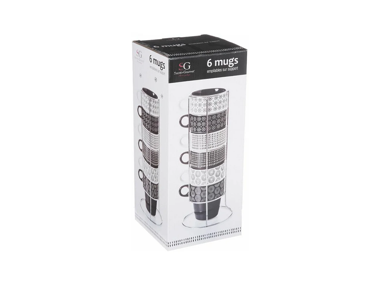 Lot de 6 Mugs sur Rack "Ethnik" 26cl Noir & Blanc