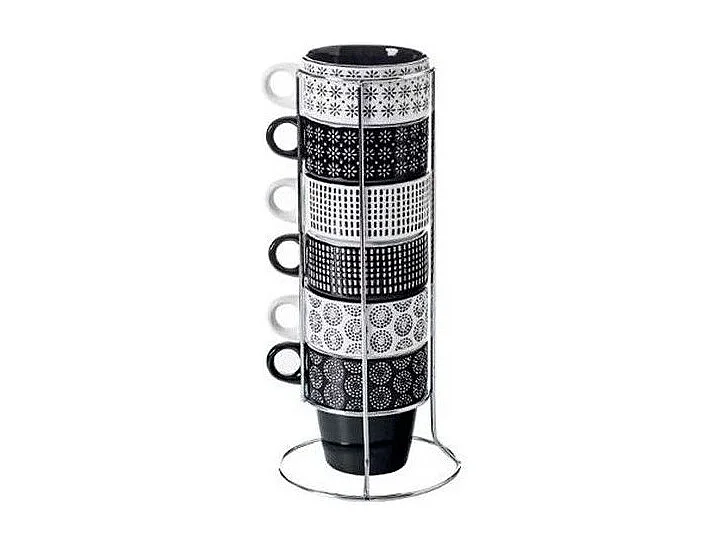 Lot de 6 Mugs sur Rack "Ethnik" 26cl Noir & Blanc