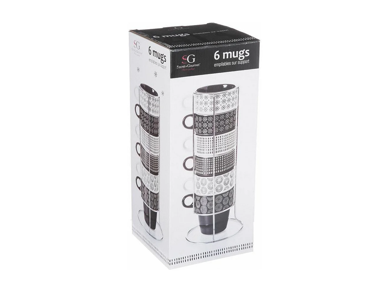 Lot de 6 Mugs sur Rack "Ethnik" 26cl Noir & Blanc