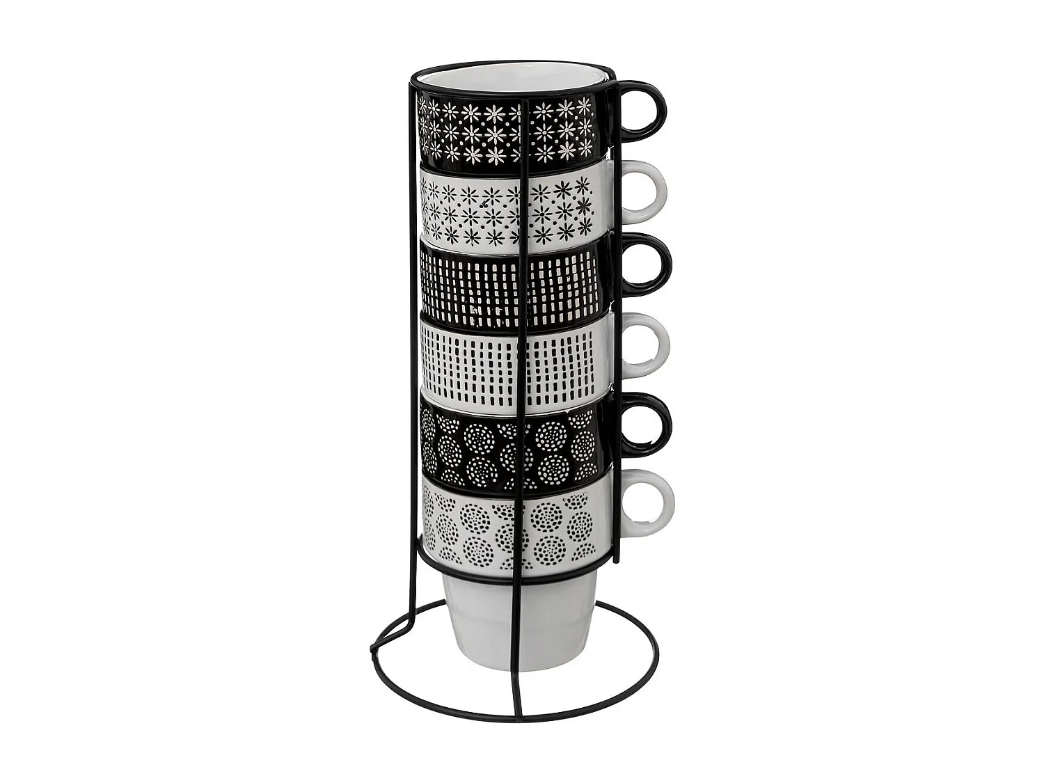Lot de 6 Mugs sur Rack "Ethnik" 26cl Noir & Blanc