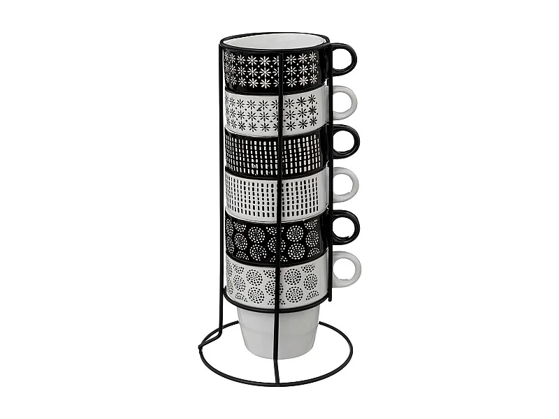 Lot de 6 Mugs sur Rack "Ethnik" 26cl Noir & Blanc