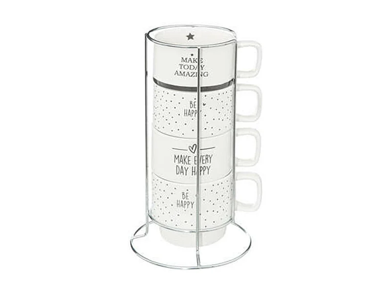 Lot de 4 Mugs sur Rack "Happy" 22cl Blanc
