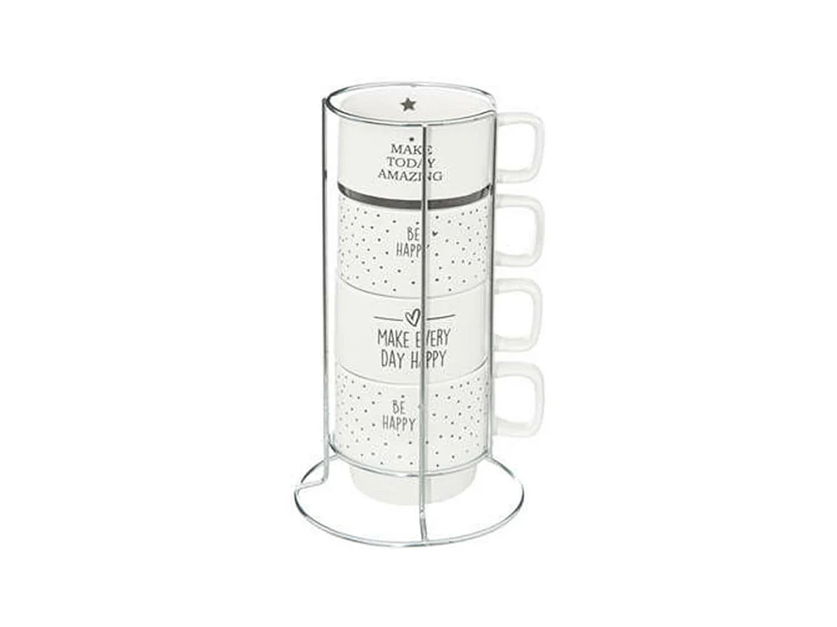 Lot de 4 Mugs sur Rack "Happy" 22cl Blanc