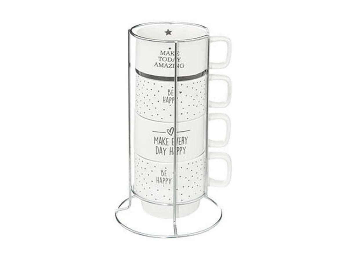 Lot de 4 Mugs sur Rack "Happy" 22cl Blanc