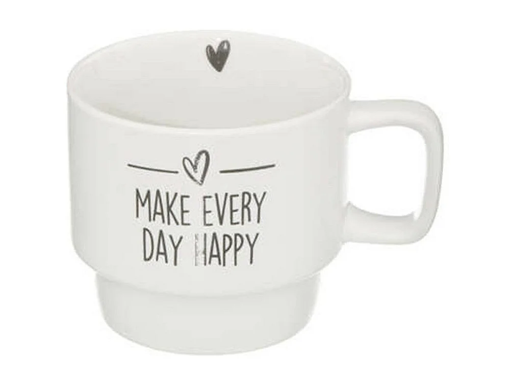 Lot de 4 Mugs sur Rack "Happy" 22cl Blanc