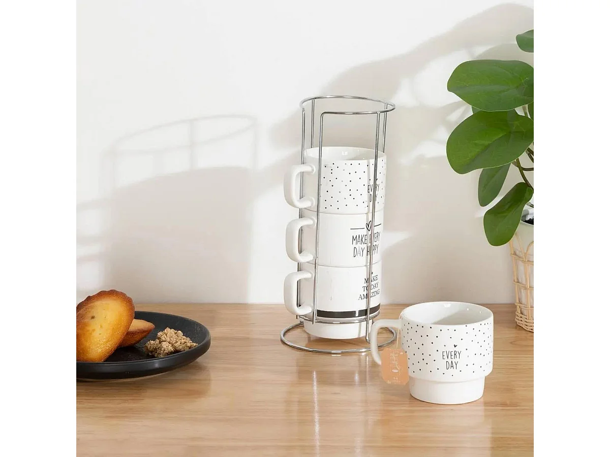 Lot de 4 Mugs sur Rack "Happy" 22cl Blanc