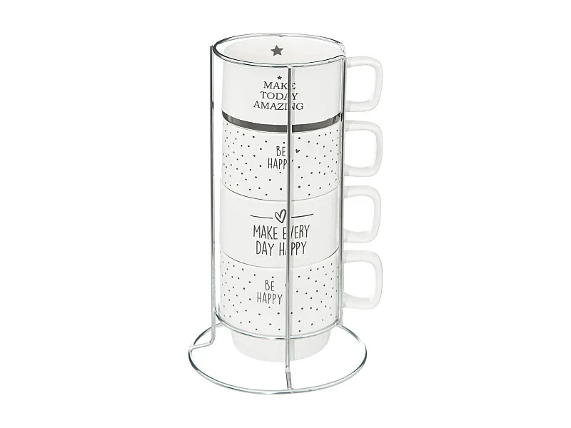 Lot de 4 Mugs sur Rack "Happy" 22cl Blanc