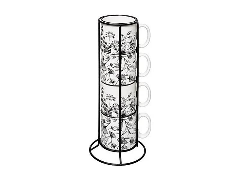 Lot de 4 Mugs sur Rack "White Floral" 24cl Blanc