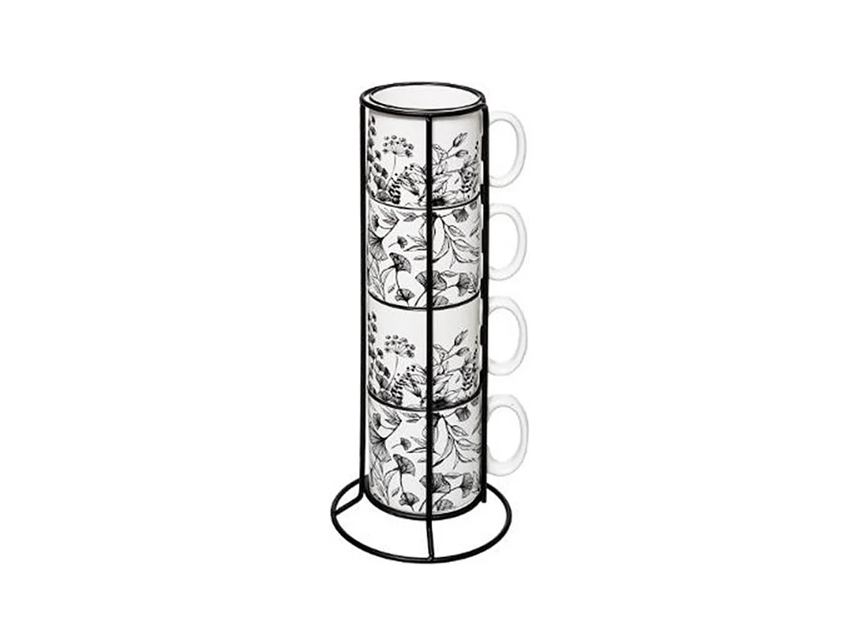 Lot de 4 Mugs sur Rack "White Floral" 24cl Blanc