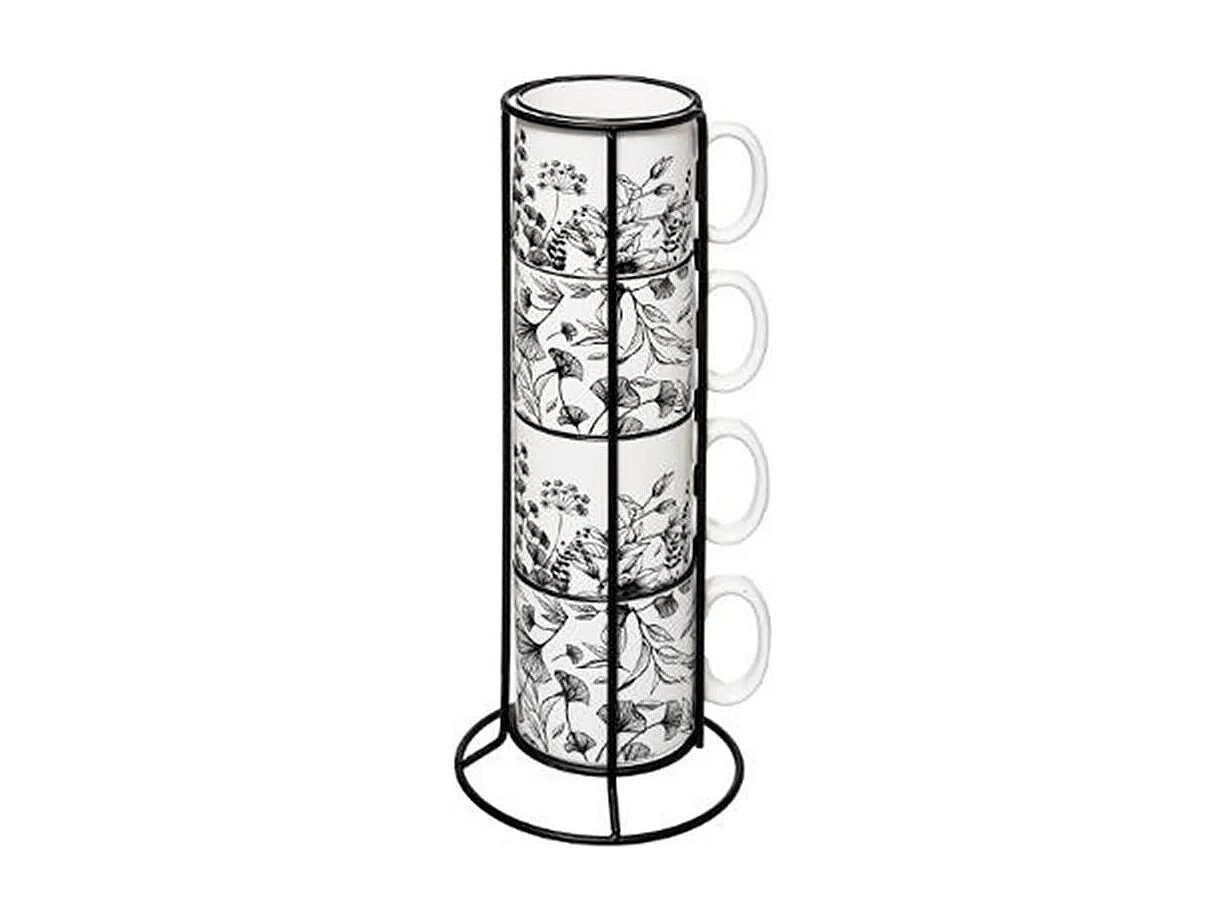 Lot de 4 Mugs sur Rack "White Floral" 24cl Blanc