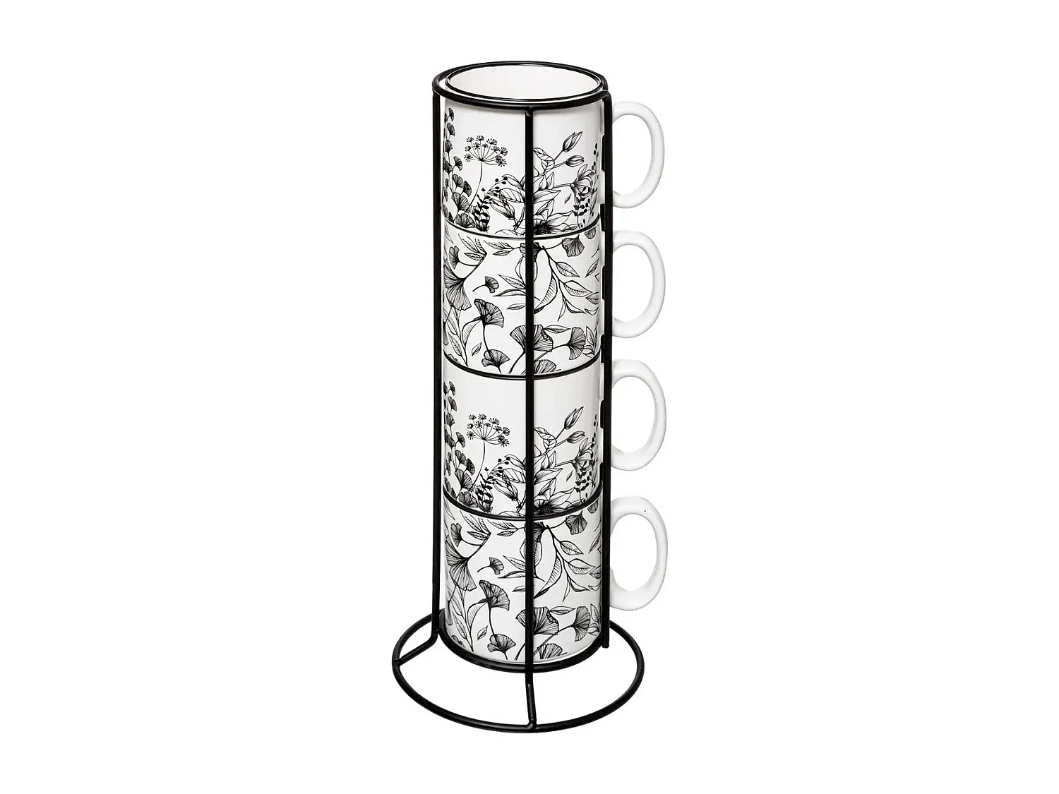 Lot de 4 Mugs sur Rack "White Floral" 24cl Blanc