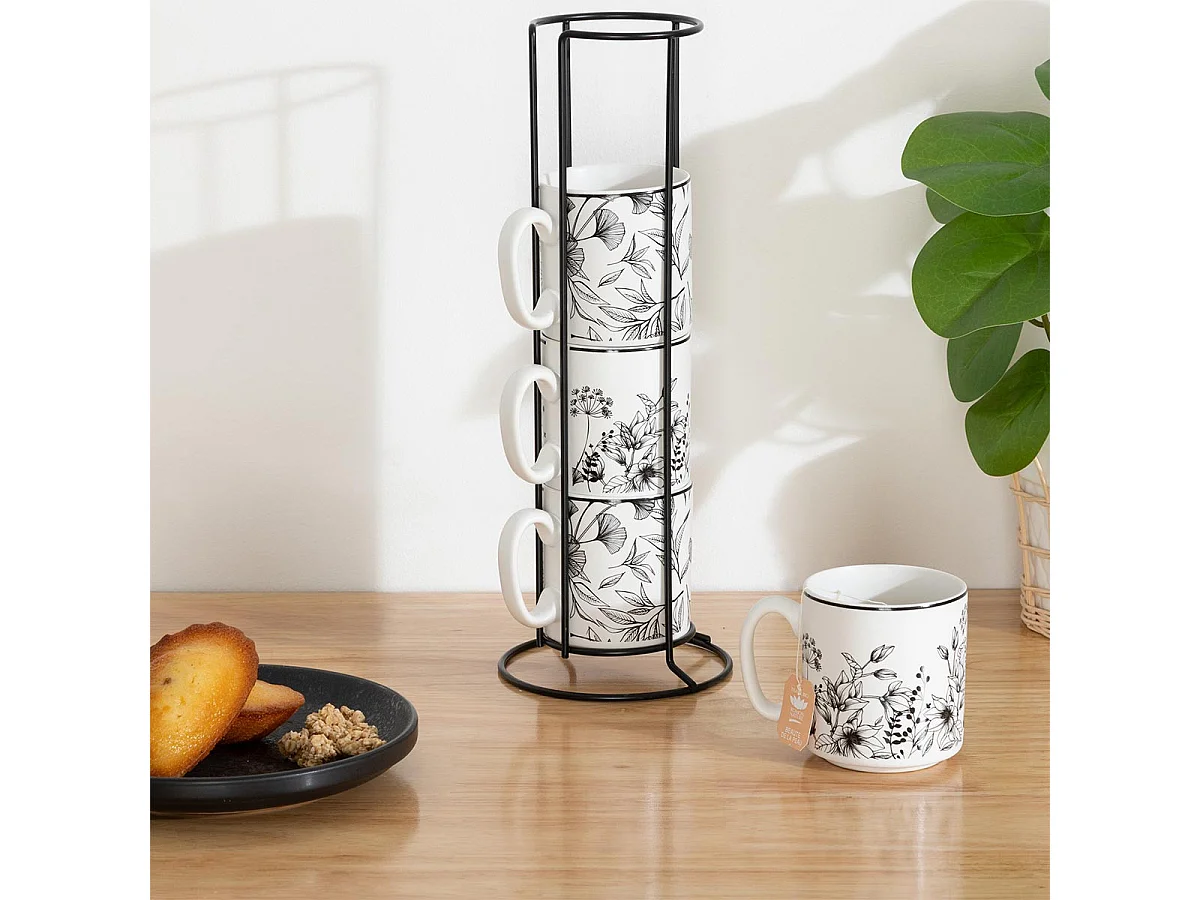 Lot de 4 Mugs sur Rack "White Floral" 24cl Blanc