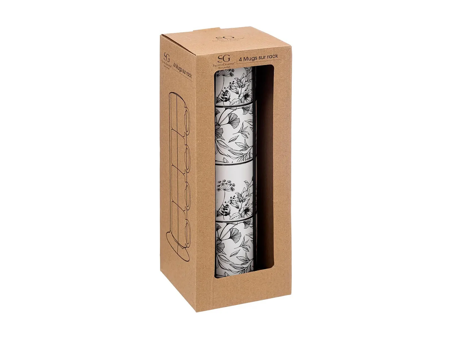 Lot de 4 Mugs sur Rack "White Floral" 24cl Blanc