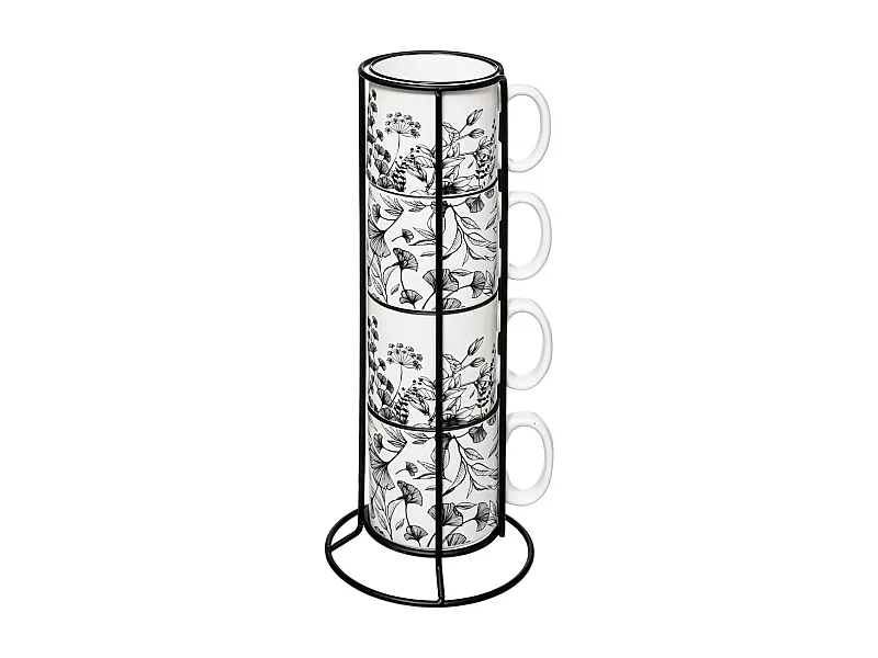 Lot de 4 Mugs sur Rack "White Floral" 24cl Blanc